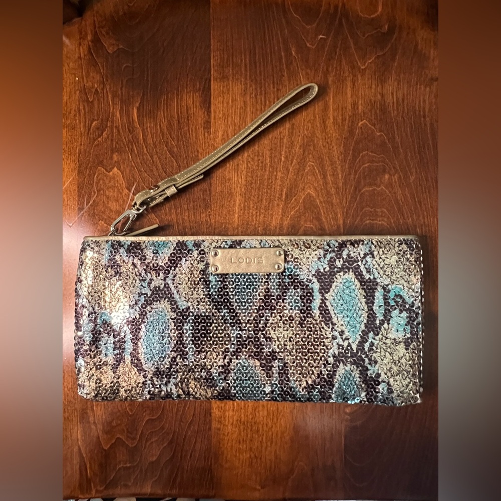 Lodis Clutch Bag Sparkly Animal Print Blue Silver - Picture 3 of 12